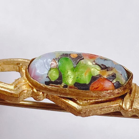 Vintage 1930s Art Deco Gold Tone Bar Brooch Foil Glass Cabochon Czech-style Pin - Picture 6 of 15